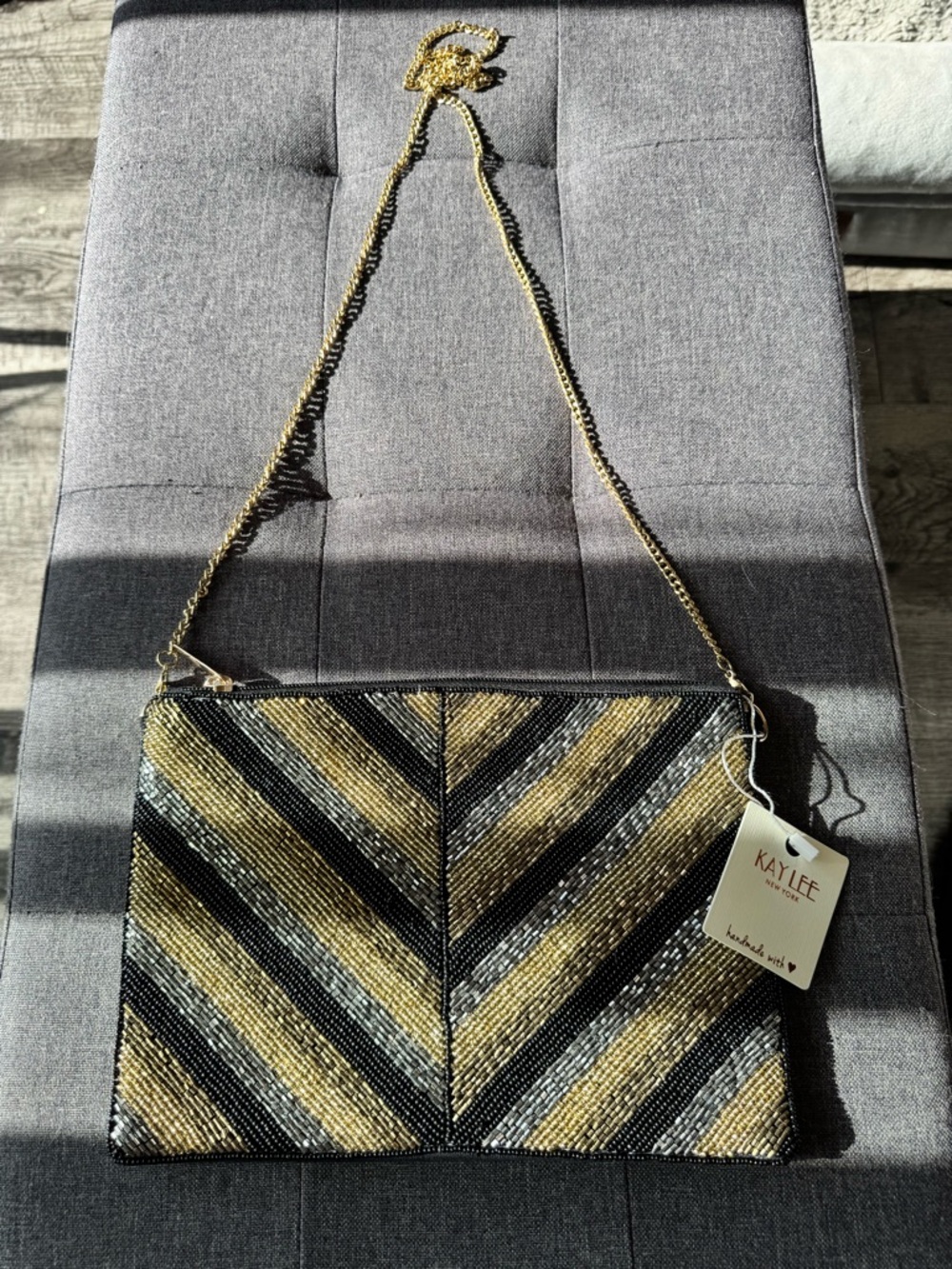 Kaylee Black & Gold Beaded Chevron Chain Clutch